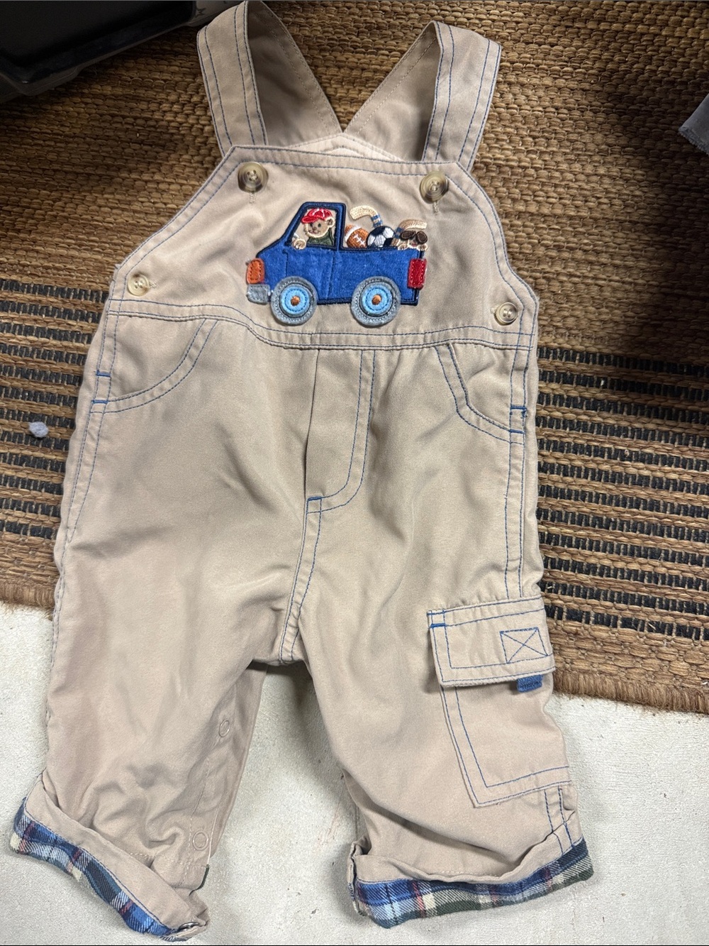 Vintage Beige Kids Overalls with Blue Truck Embroidery